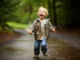 despreocupado niño alegremente bailes en el refrescante lluvia ai generativo foto