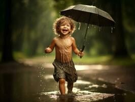 despreocupado niño alegremente bailes en el refrescante lluvia ai generativo foto