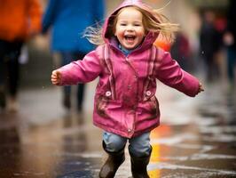 despreocupado niño alegremente bailes en el refrescante lluvia ai generativo foto