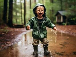 Carefree child joyfully dances in the refreshing rain AI Generative photo
