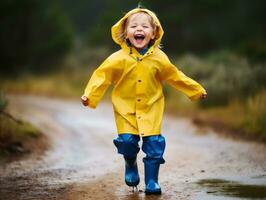 Carefree child joyfully dances in the refreshing rain AI Generative photo
