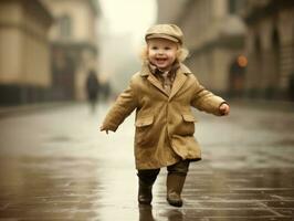 despreocupado niño alegremente bailes en el refrescante lluvia ai generativo foto