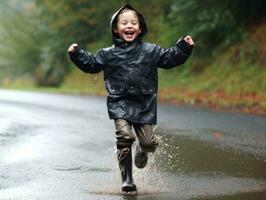 Carefree child joyfully dances in the refreshing rain AI Generative photo