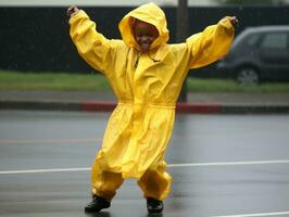 Carefree child joyfully dances in the refreshing rain AI Generative photo