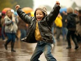 Carefree child joyfully dances in the refreshing rain AI Generative photo