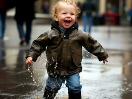 despreocupado niño alegremente bailes en el refrescante lluvia ai generativo foto