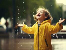 Carefree child joyfully dances in the refreshing rain AI Generative photo