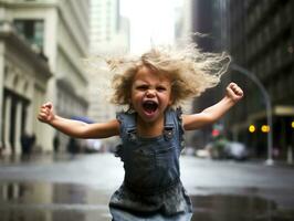 despreocupado niño alegremente bailes en el refrescante lluvia ai generativo foto