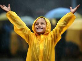 Carefree child joyfully dances in the refreshing rain AI Generative photo