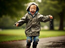 Carefree child joyfully dances in the refreshing rain AI Generative photo