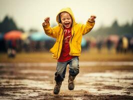 Carefree child joyfully dances in the refreshing rain AI Generative photo