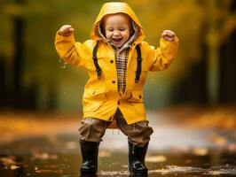 Carefree child joyfully dances in the refreshing rain AI Generative photo