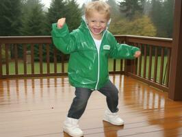 Carefree child joyfully dances in the refreshing rain AI Generative photo