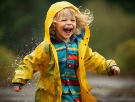 Carefree child joyfully dances in the refreshing rain AI Generative photo