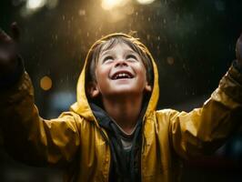 Carefree child joyfully dances in the refreshing rain AI Generative photo