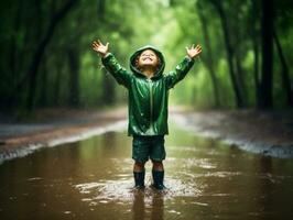Carefree child joyfully dances in the refreshing rain AI Generative photo