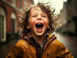 despreocupado niño alegremente bailes en el refrescante lluvia ai generativo foto