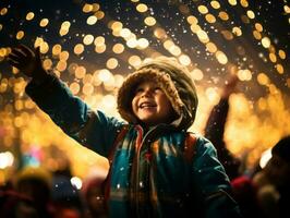 Carefree child joyfully dances in the refreshing rain AI Generative photo