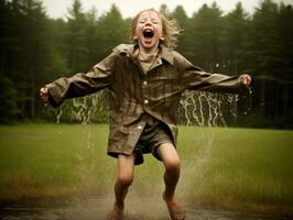 despreocupado niño alegremente bailes en el refrescante lluvia ai generativo foto