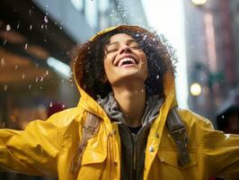 Carefree woman joyfully dances in the refreshing rain AI Generative photo