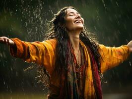 Carefree woman joyfully dances in the refreshing rain AI Generative photo