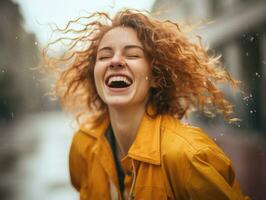 despreocupado mujer alegremente bailes en el refrescante lluvia ai generativo foto