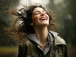 Carefree woman joyfully dances in the refreshing rain AI Generative photo