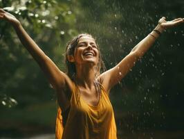 Carefree woman joyfully dances in the refreshing rain AI Generative photo