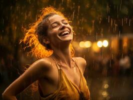 Carefree woman joyfully dances in the refreshing rain AI Generative photo