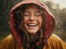 despreocupado mujer alegremente bailes en el refrescante lluvia ai generativo foto