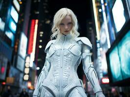 Futuristic woman in a sleek and technologically advanced suit AI Generative photo