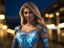 Futuristic woman in a sleek and technologically advanced suit AI Generative photo