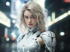Futuristic woman in a sleek and technologically advanced suit AI Generative photo