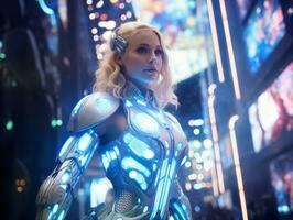 Futuristic woman in a sleek and technologically advanced suit AI Generative photo