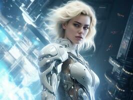 Futuristic woman in a sleek and technologically advanced suit AI Generative photo