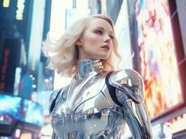 Futuristic woman in a sleek and technologically advanced suit AI Generative photo
