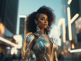Futuristic woman in a sleek and technologically advanced suit AI Generative photo