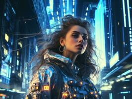 Futuristic woman in a sleek and technologically advanced suit AI Generative photo