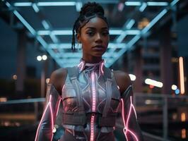 Futuristic woman in a sleek and technologically advanced suit AI Generative photo
