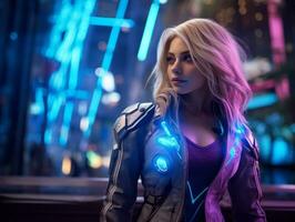 Futuristic woman in a sleek and technologically advanced suit AI Generative photo