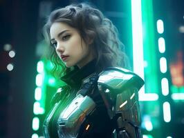 Futuristic woman in a sleek and technologically advanced suit AI Generative photo