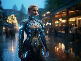 Futuristic woman in a sleek and technologically advanced suit AI Generative photo