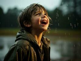 despreocupado niño alegremente bailes en el refrescante lluvia ai generativo foto