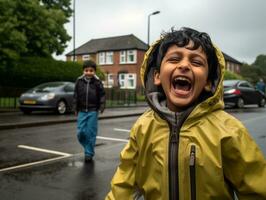Carefree child joyfully dances in the refreshing rain AI Generative photo