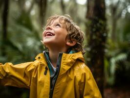 Carefree child joyfully dances in the refreshing rain AI Generative photo