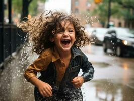 Carefree child joyfully dances in the refreshing rain AI Generative photo