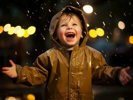 Carefree child joyfully dances in the refreshing rain AI Generative photo