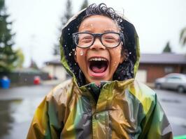 Carefree child joyfully dances in the refreshing rain AI Generative photo