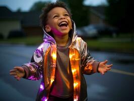 Carefree child joyfully dances in the refreshing rain AI Generative photo