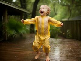 Carefree child joyfully dances in the refreshing rain AI Generative photo